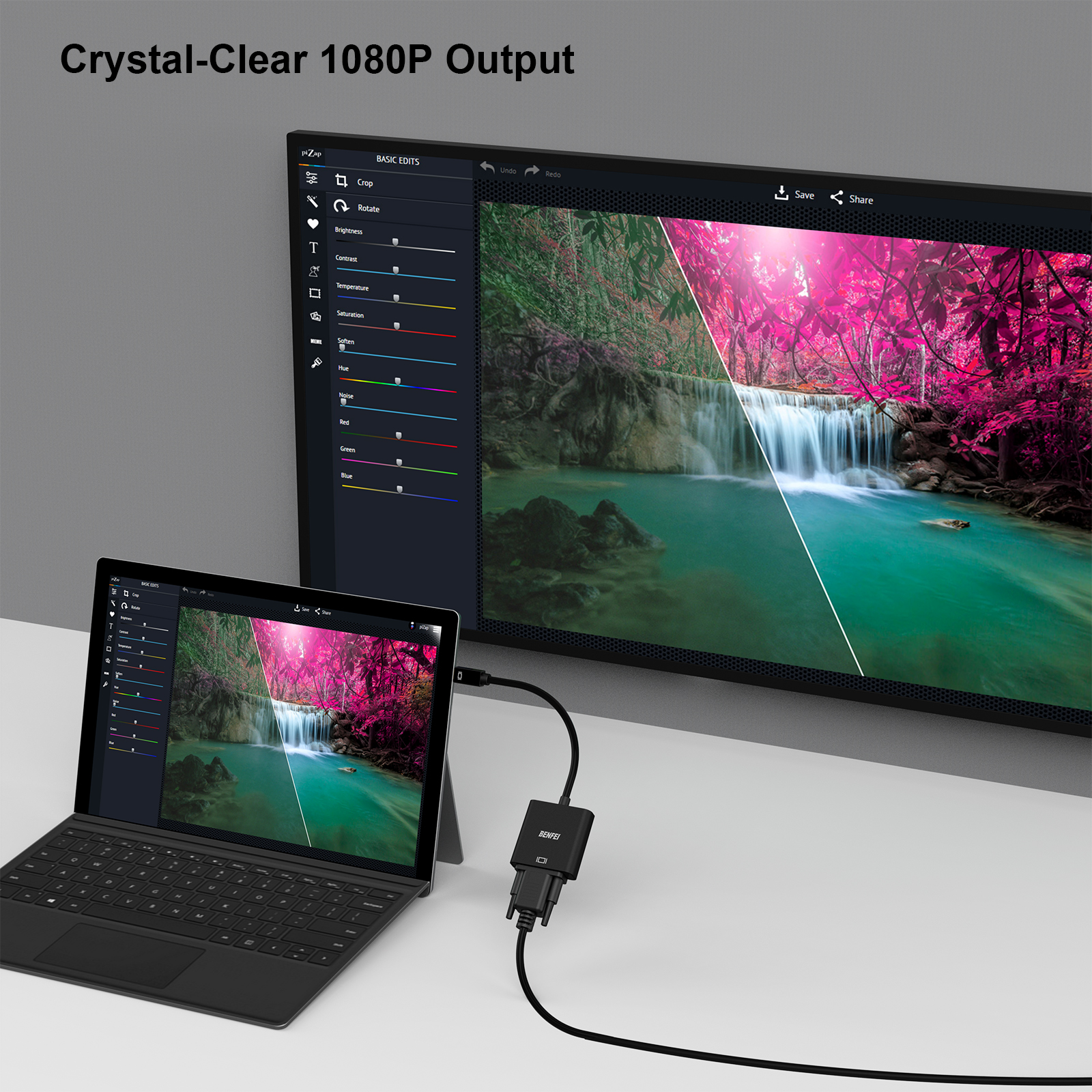 Laptop mit Monitor verbunden, zeigt Fotobearbeitungssoftware, mit weißem Hintergrund.