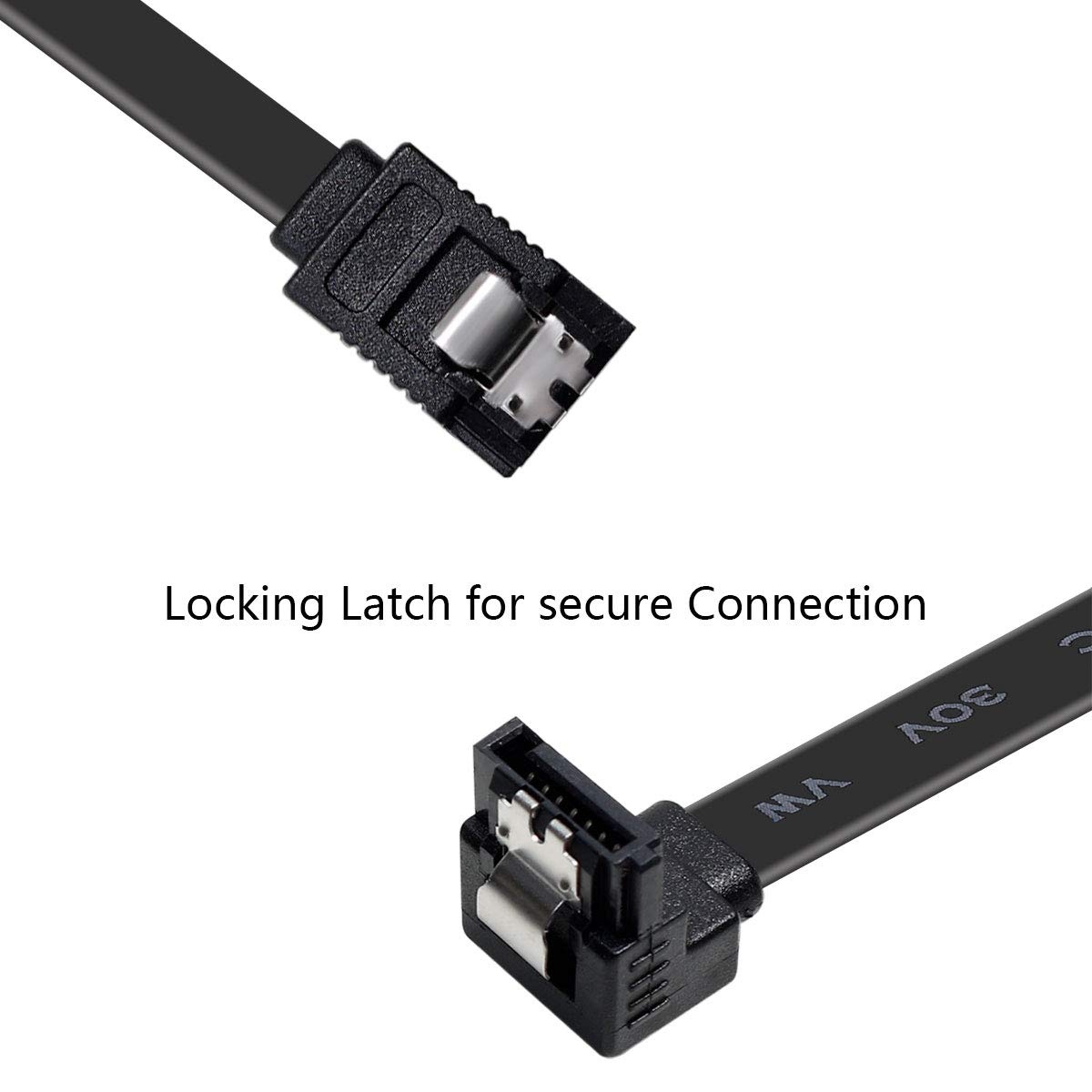 Zwei schwarze SATA-Anschlüsse mit Verriegelungen. Einer oben, einer unten, verbunden durch ein schwarzes Kabel.