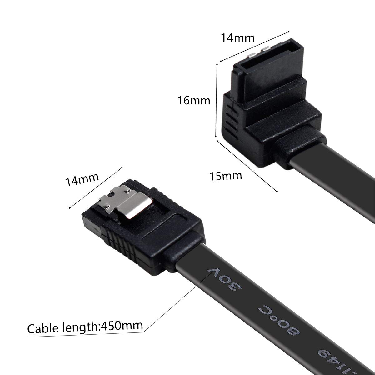 Schwarzes SATA-Kabel mit den angegebenen Maßen: 14 mm, 16 mm, 15 mm und einer Kabellänge von 450 mm.