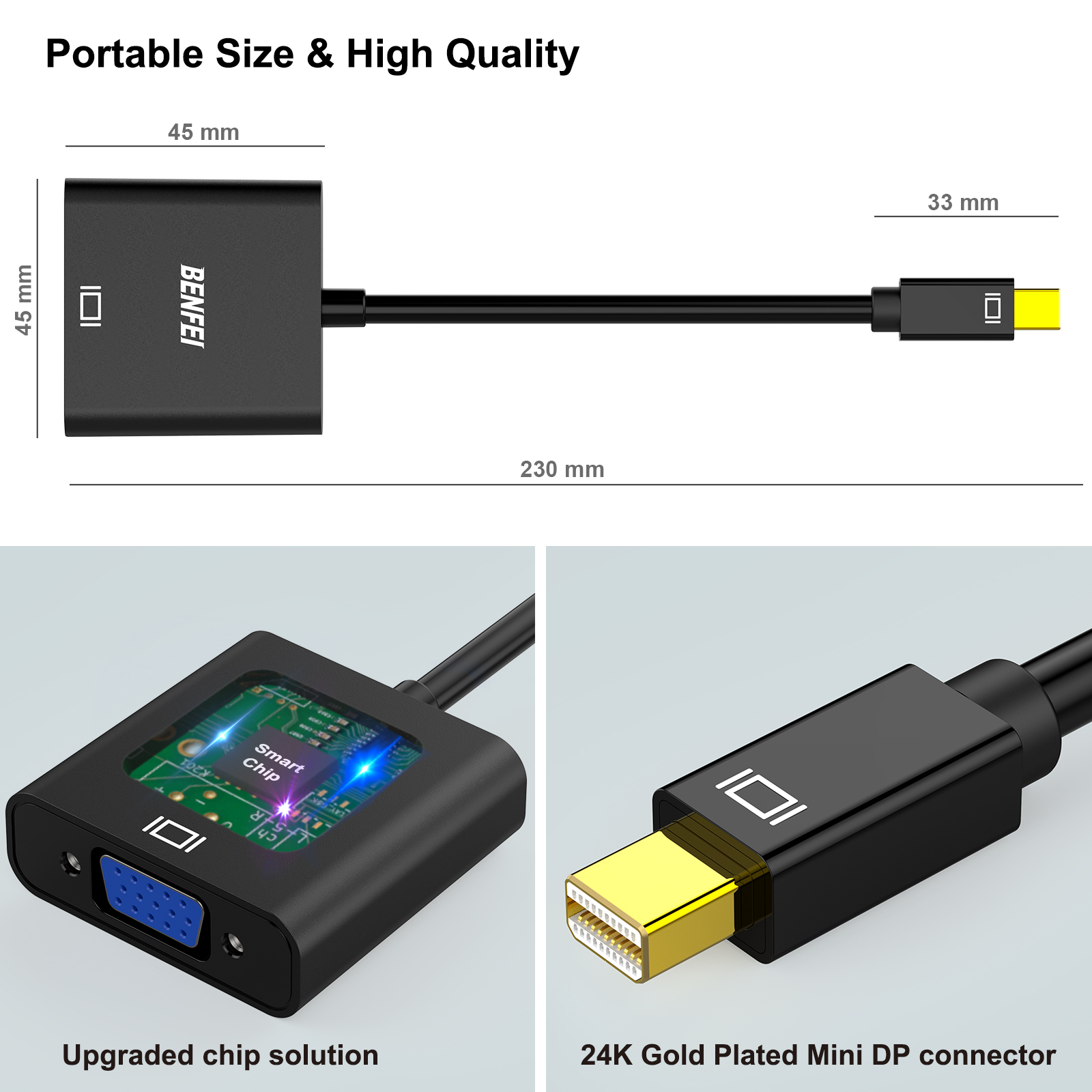 Schwarzer Adapter mit einem VGA- und einem Mini-DP-Anschluss. Text und Abmessungen sind enthalten. Weißer Hintergrund.