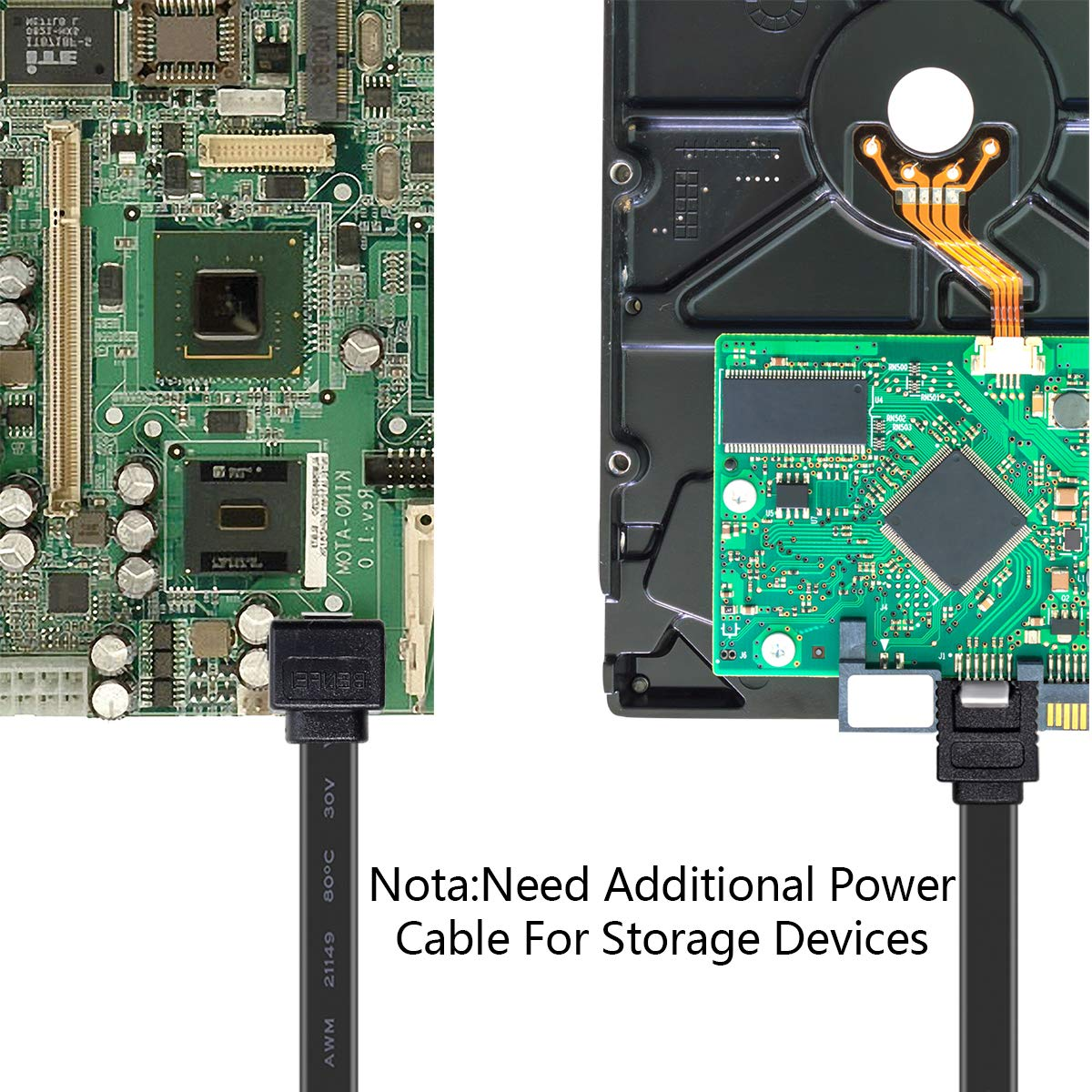 Mainboard und Festplatte sind über ein Kabel verbunden. Text: Zusätzliches Stromkabel für Speichergeräte erforderlich.