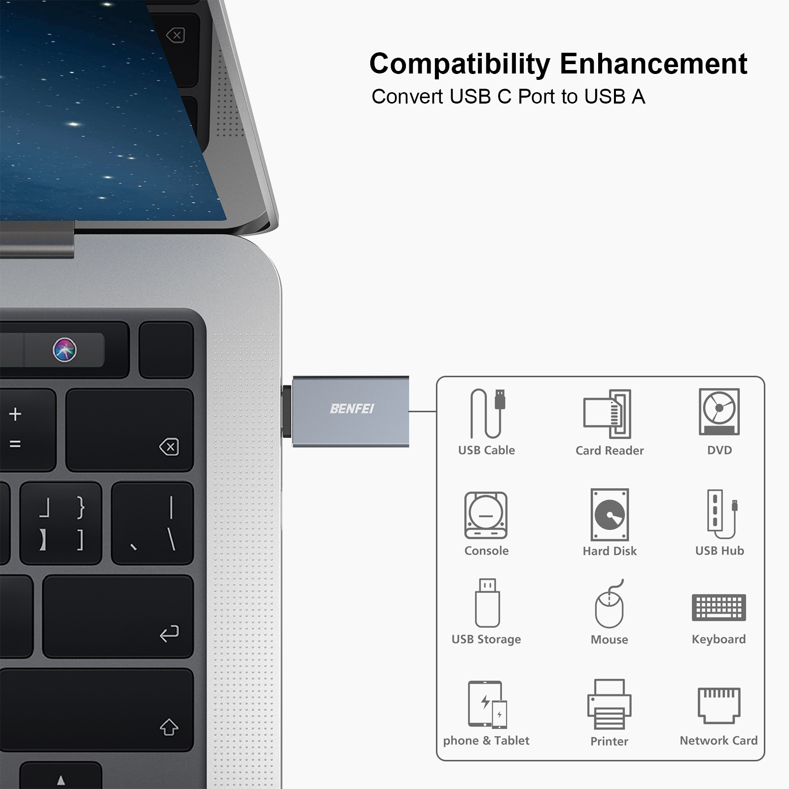 Ein Laptop mit USB-C-Anschluss, der an einen USB-A-Adapter angeschlossen ist. Symbole zeigen unterstützte Geräte.