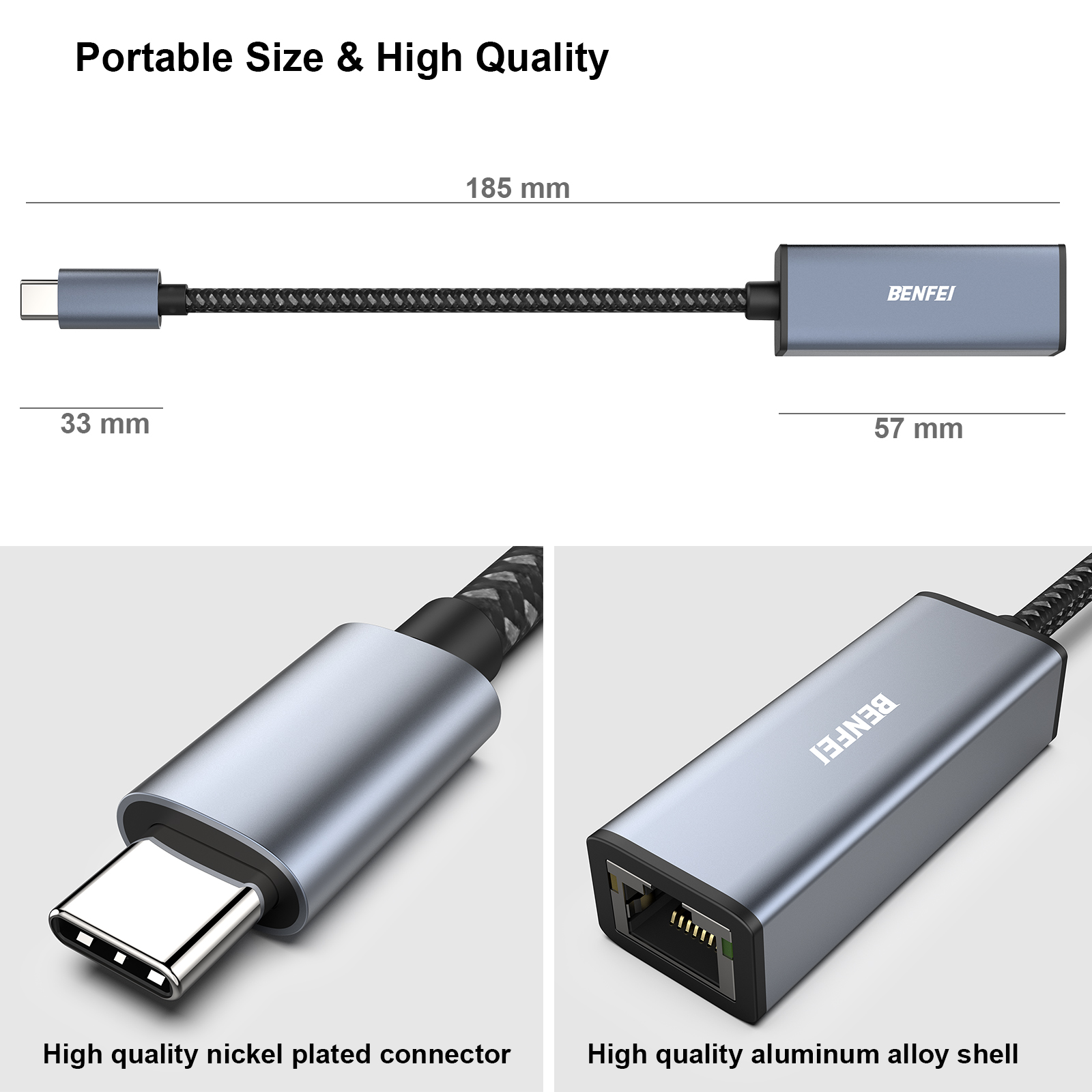 Ein grauer USB-C-zu-Ethernet-Adapter mit Messungen und Textbeschriftungen.