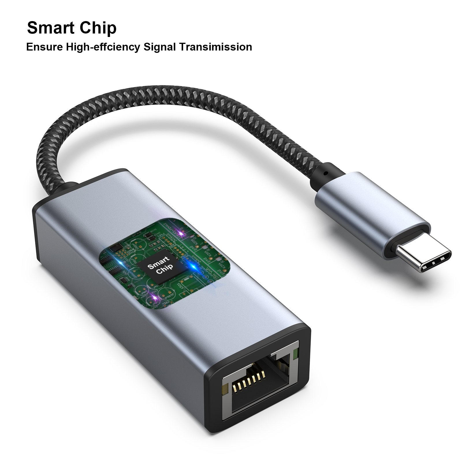 Silberner USB-C-Hub mit schwarzem geflochtenem Kabel und Netzwerkanschluss.