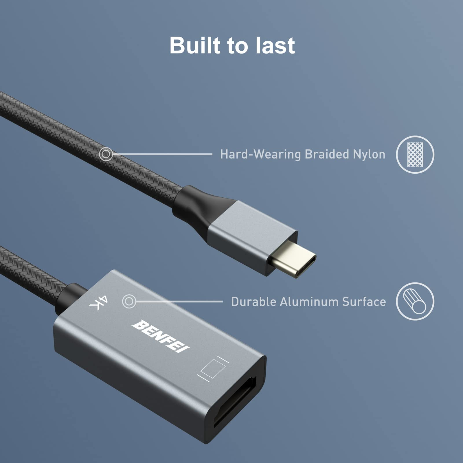 Silbernes USB-C-zu-HDMI-Kabel mit grauem Stecker und schwarzem Kabel.