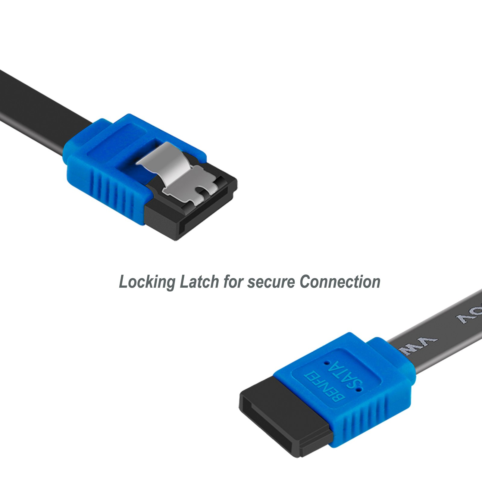SATA-Kabel mit blauen Anschlüssen. Schwarz und blau. Weißer Hintergrund.