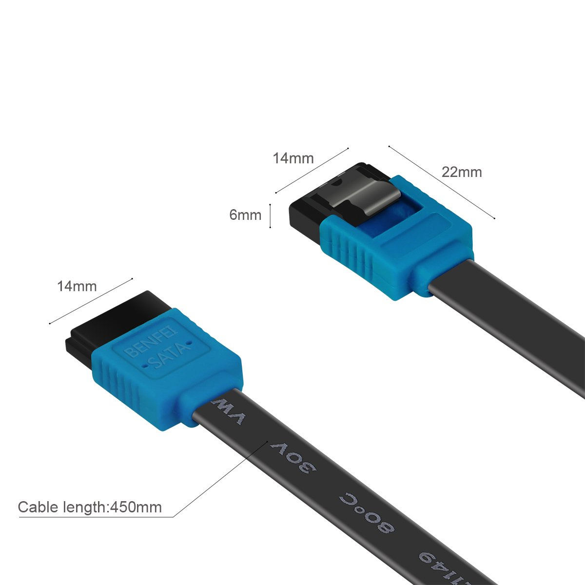 Schwarzes und blaues SATA-Datenkabel mit angegebenen Abmessungen.