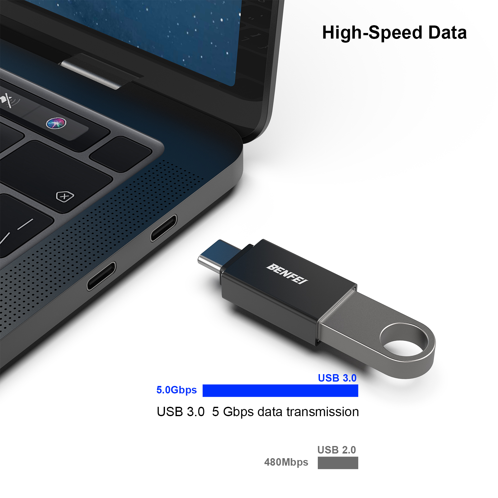 USB 3.0-USB-Stick, an einen Laptop angeschlossen, mit Datenübertragungsgeschwindigkeitsvergleichen in Blau.
