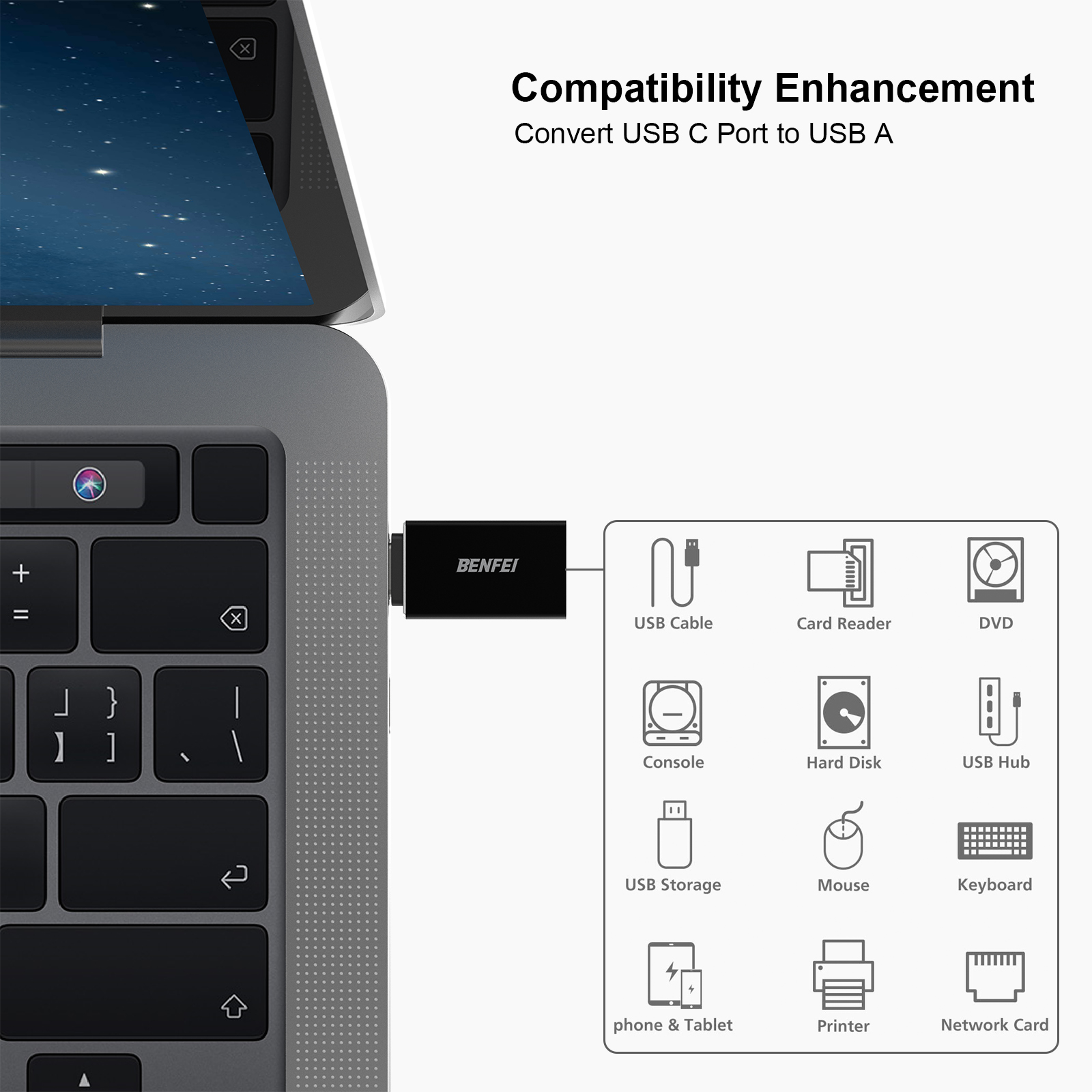 Ein Laptop mit USB-C-Adapter und Symbolen für Gerätekompatibilität.