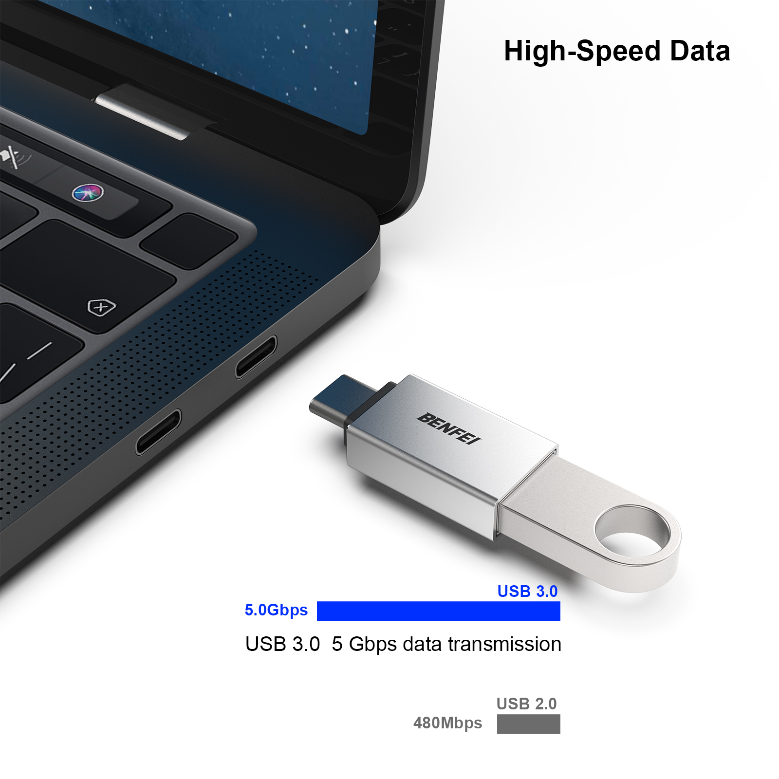 Silberner USB 3.0-Stick neben einem Laptop, mit Etiketten, die Datenübertragungsraten anzeigen.