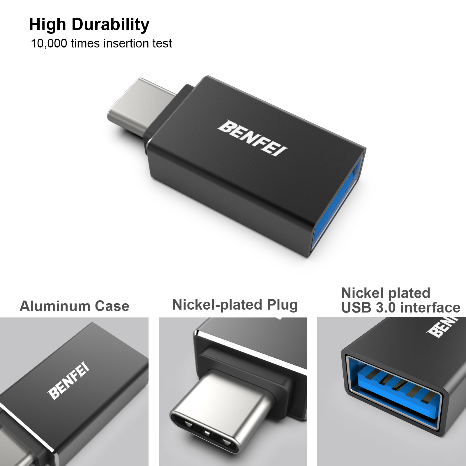 Schwarzer USB-C-Adapter mit metallischer Oberseite und blauem USB-Anschluss, Produktdetails unten: Aluminiumgehäuse, Stecker, Schnittstelle.