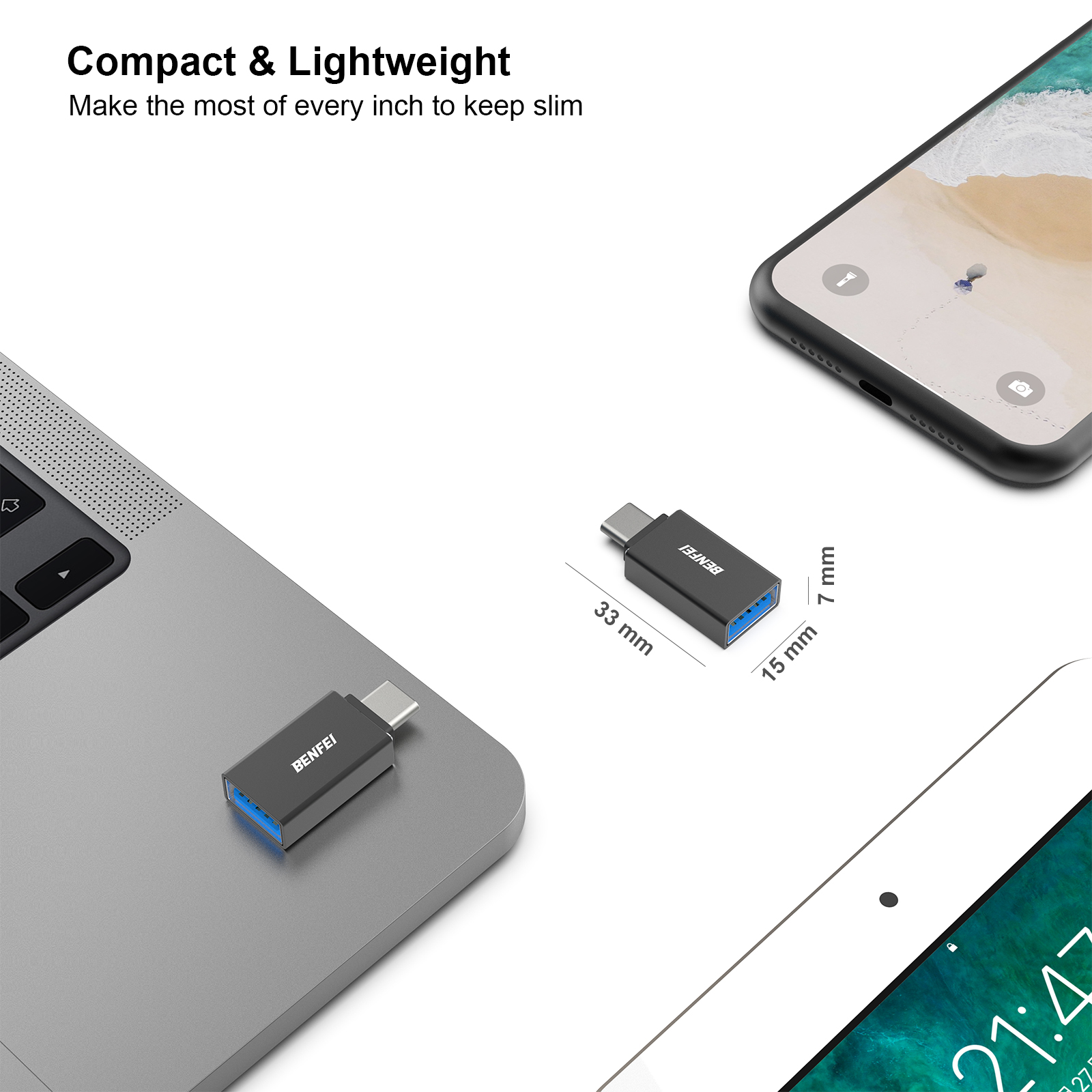 Schwarzer USB-C-Adapter neben silbernem Laptop und weißem Tablet. Text: Compact & Lightweight.