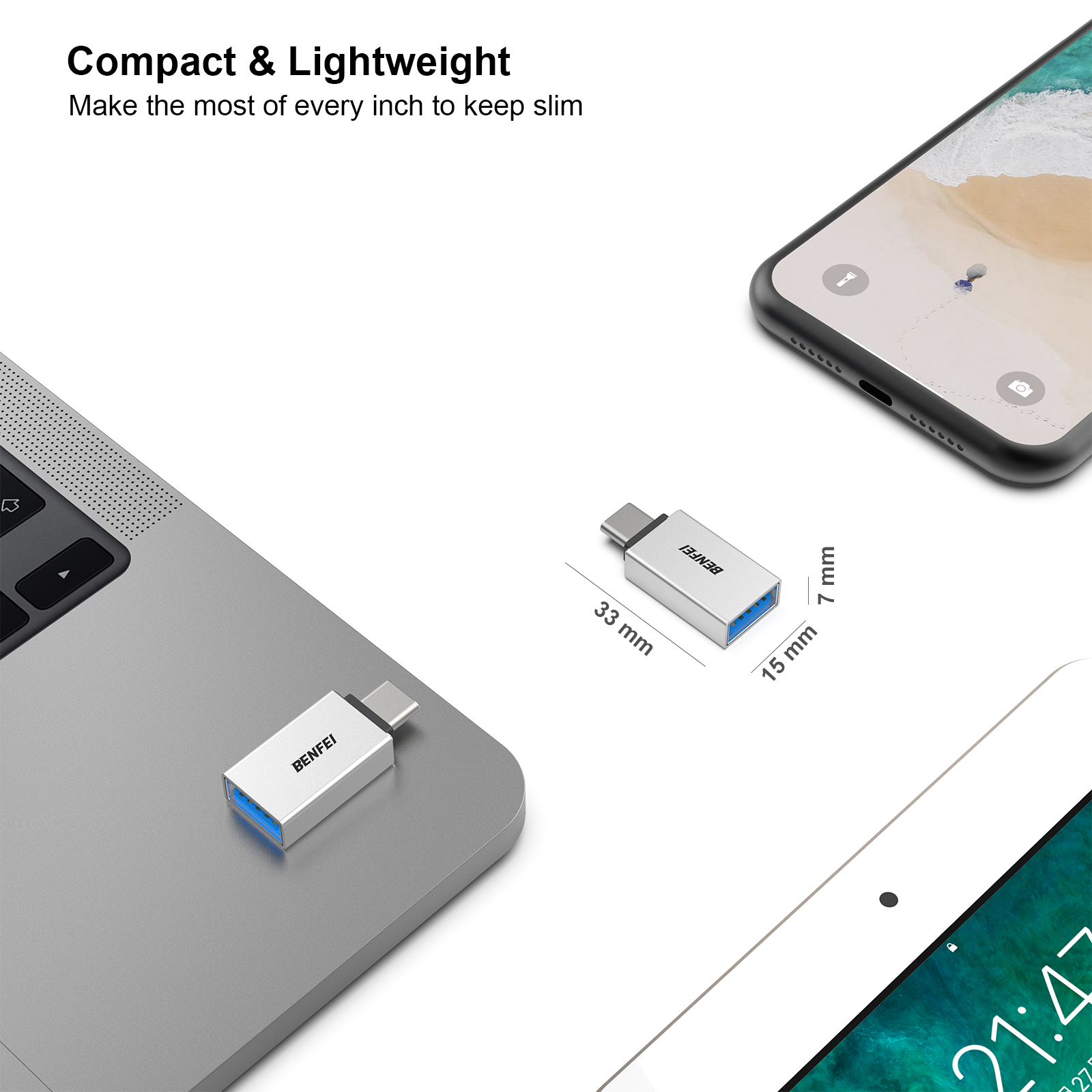 Silberner USB-C-Adapter, der an einen Laptop angeschlossen ist. Ein Diagramm zeigt die Abmessungen. Ein Telefon und ein Tablet sind ebenfalls vorhanden.