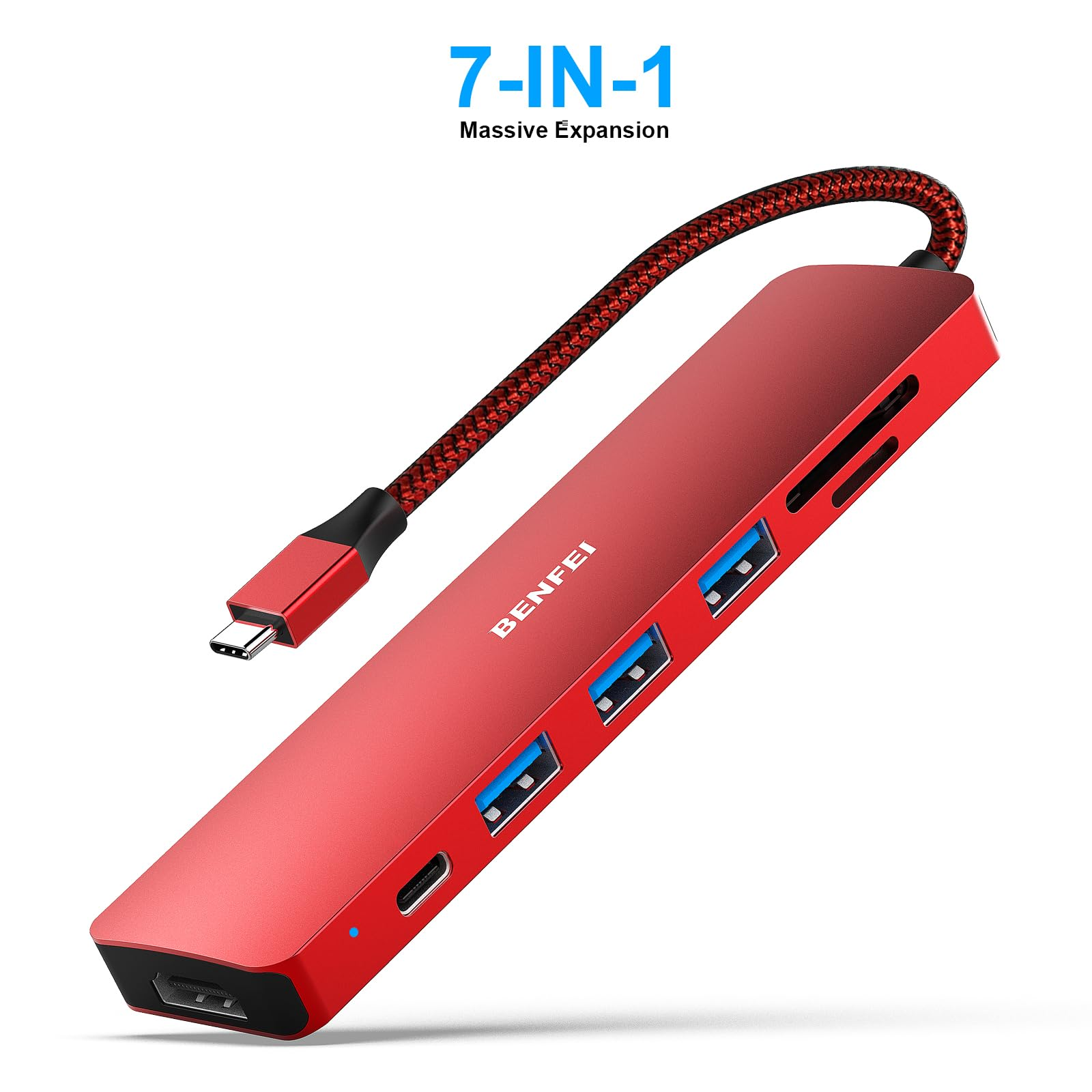 Roter USB-C-Hub mit mehreren Anschlüssen auf weißem Hintergrund.