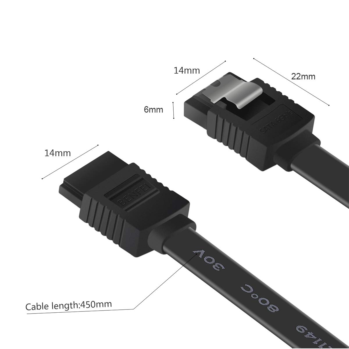 Schwarzes SATA-Kabel mit Anschlüssen. Abmessungen des Steckers sind angegeben.