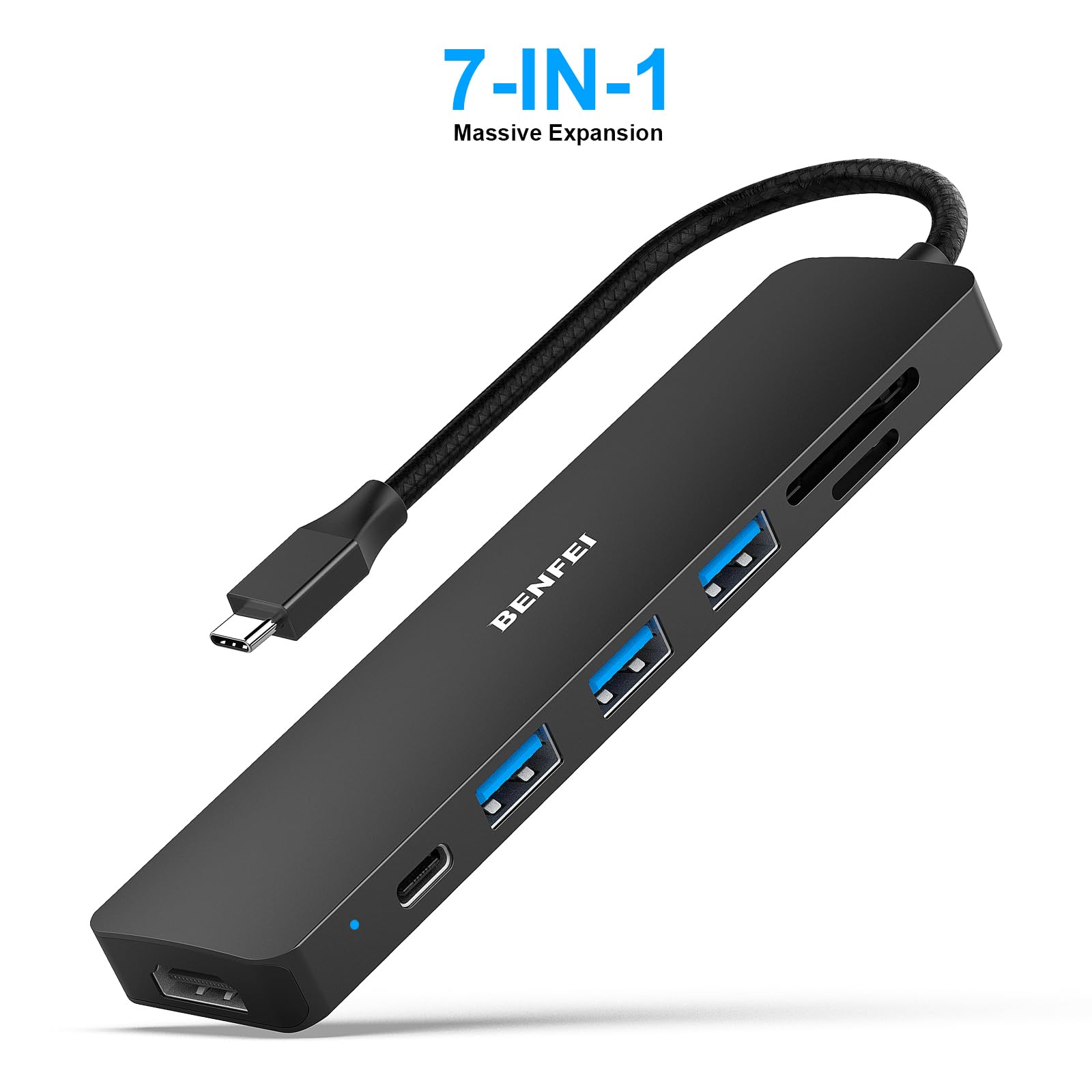 Ein schwarzer USB-C-Hub mit mehreren Anschlüssen, beschriftet mit 7-in-1.