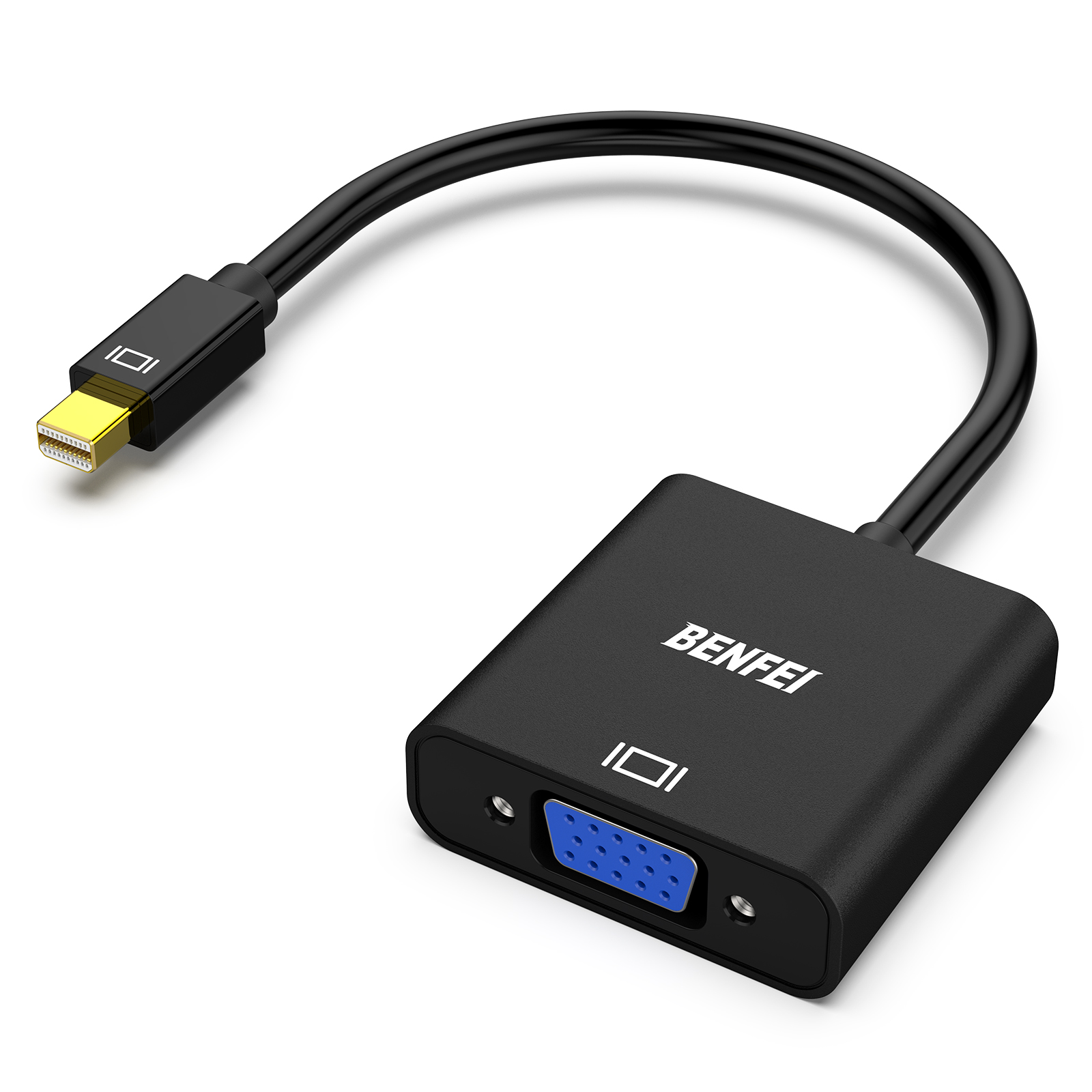 Schwarzer Adapter mit Mini-DisplayPort- und VGA-Anschluss, auf weißem Hintergrund.