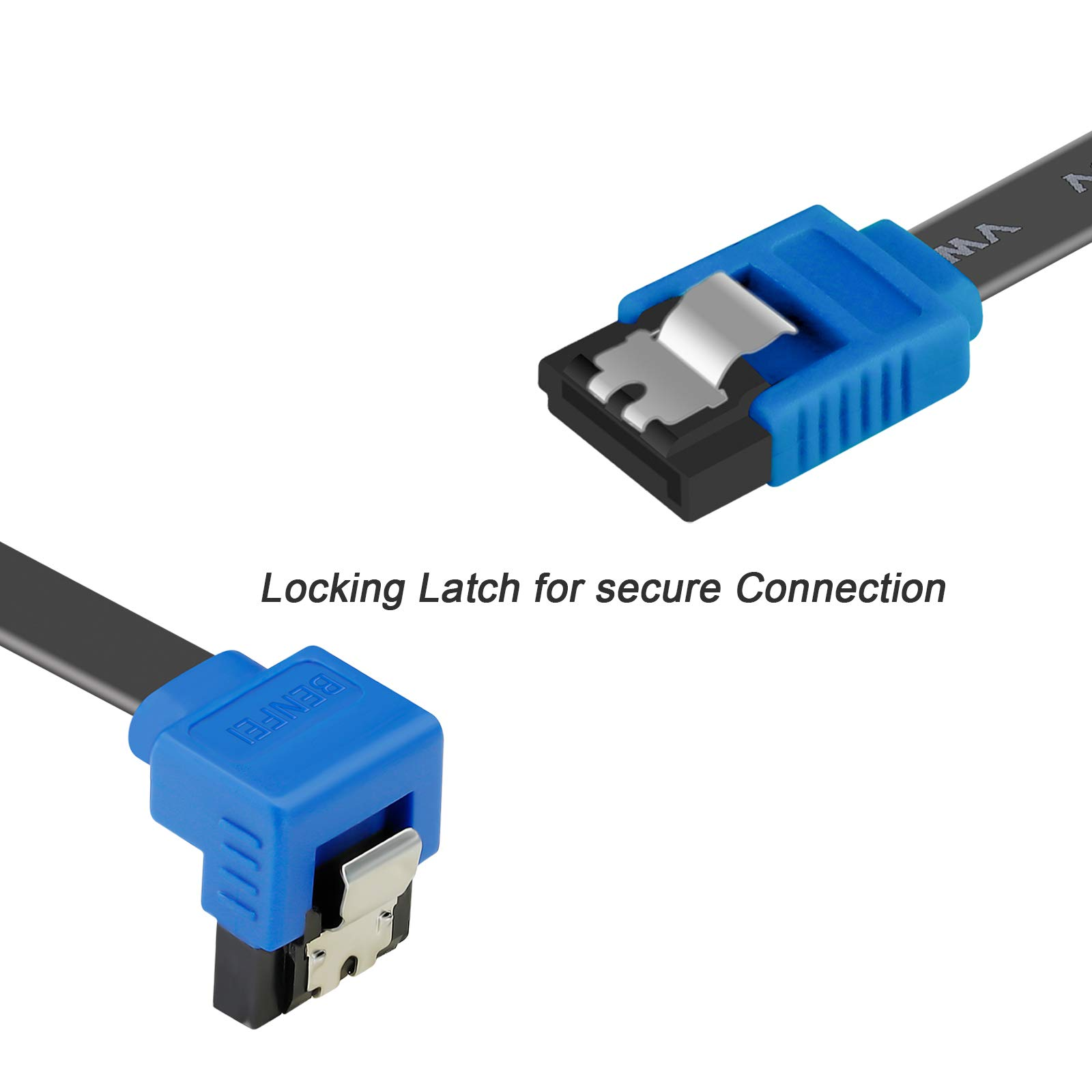 Zwei schwarze und blaue SATA-Kabel mit Verriegelungen für sichere Verbindungen.
