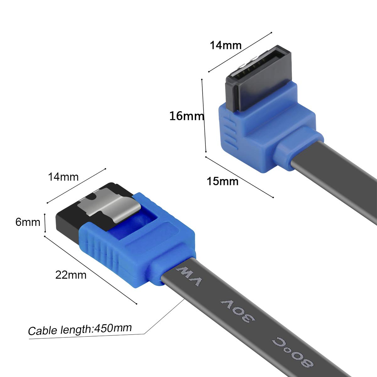 Zwei SATA-Datenkabel mit blauen Anschlüssen und Maßangaben.
