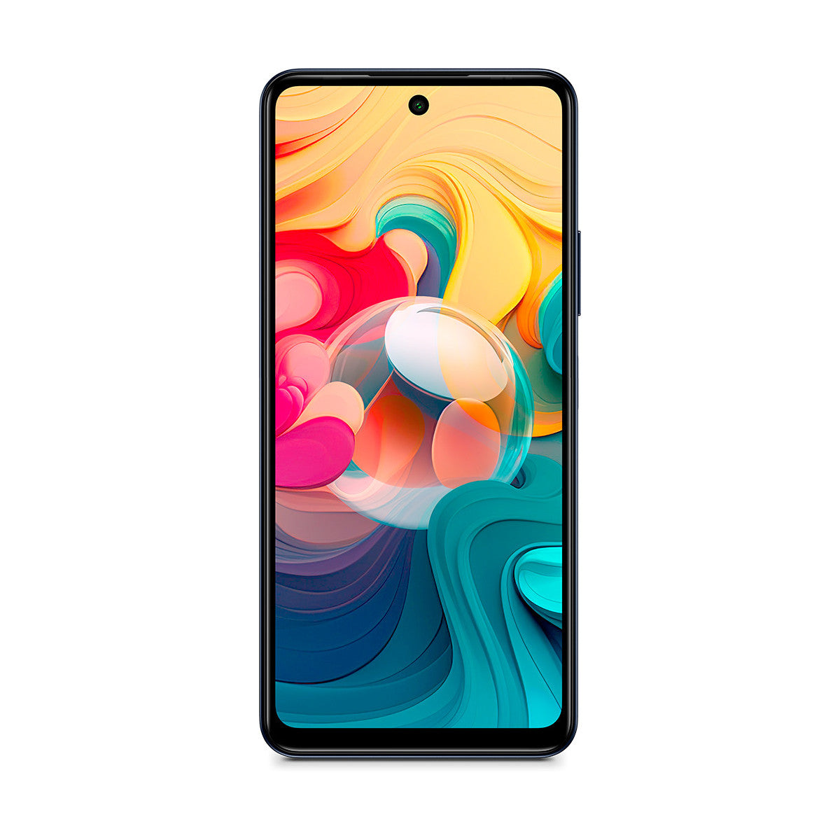 Uno smartphone con uno sfondo astratto colorato sullo schermo. Il telefono ha una cornice nera.