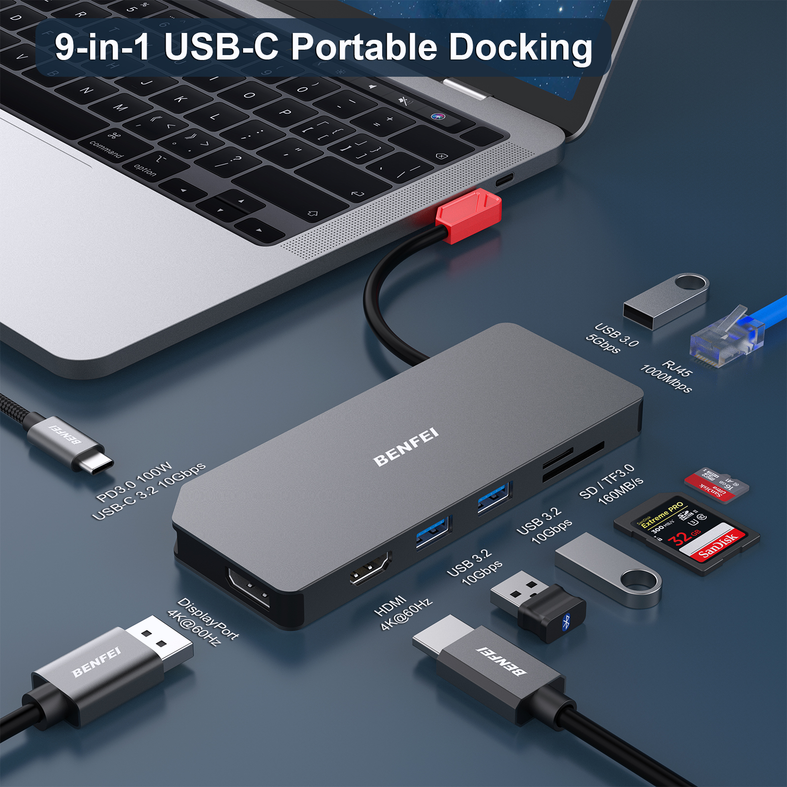 Graue USB-C-Dockingstation, verbunden mit Laptop, mit verschiedenen Anschlüssen und Kabeln.