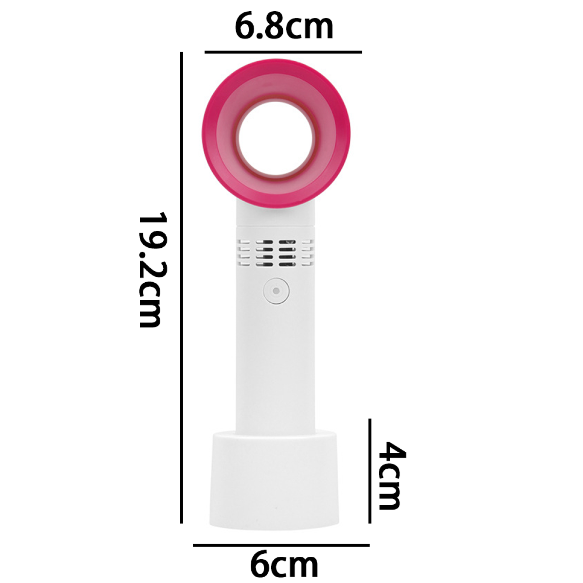Weiß-rosa Lüfter ohne Flügel, mit Abmessungen, die seine Größe zeigen.