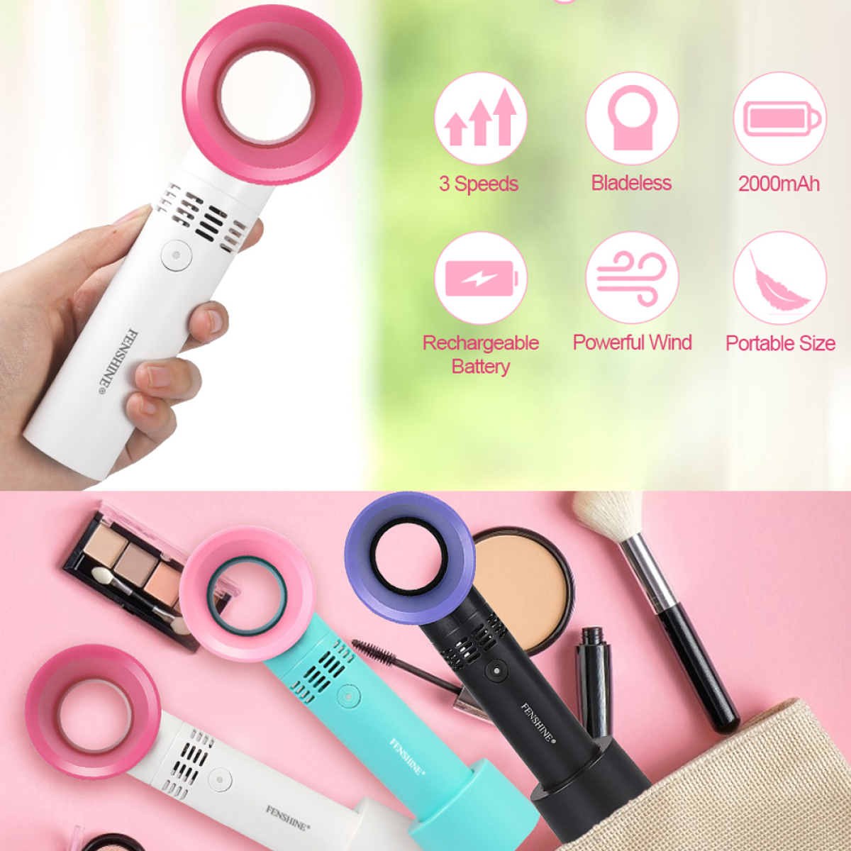 Ein handgehaltener Ventilator, weiß mit pinkfarbenem Ring, wird von einer Hand gehalten. Andere Ventilatoren und Make-up sind zu sehen.