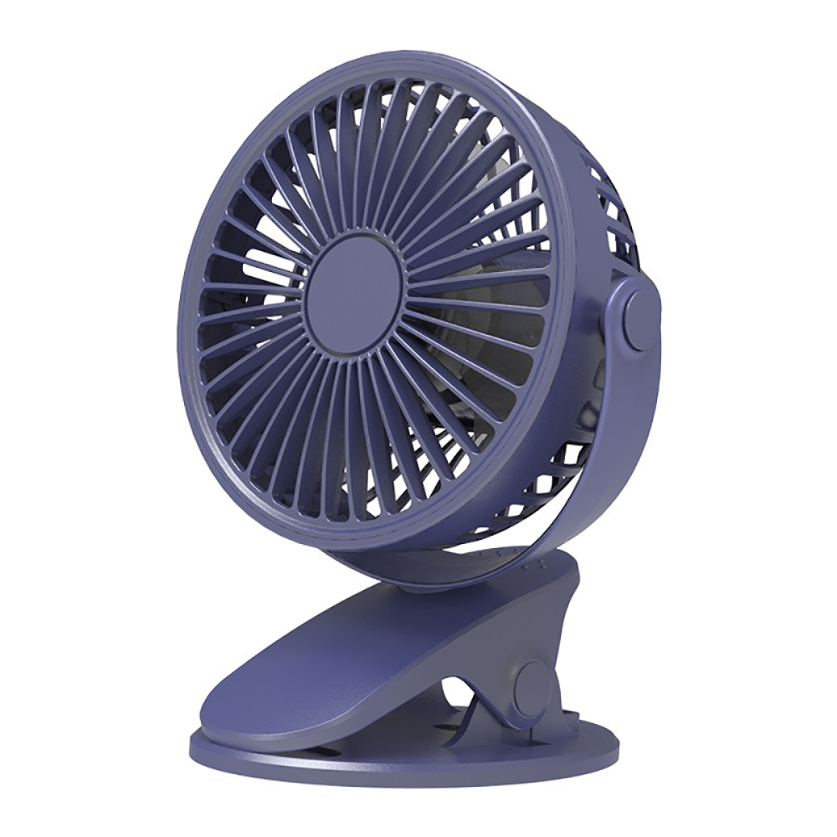 Kleiner blauer Ventilator mit Clip-Basis. Die Lüfterblätter sind sichtbar, vor weißem Hintergrund.