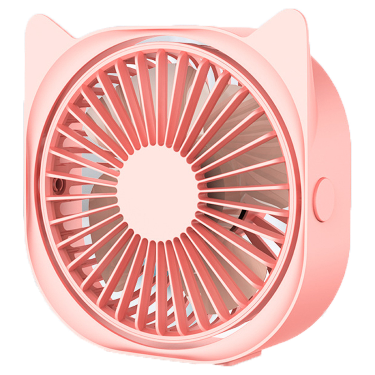 Ein rosa katzenförmiger Ventilator mit einem kreisförmigen Ventilator im Inneren und einem ohrenförmigen Design oben.