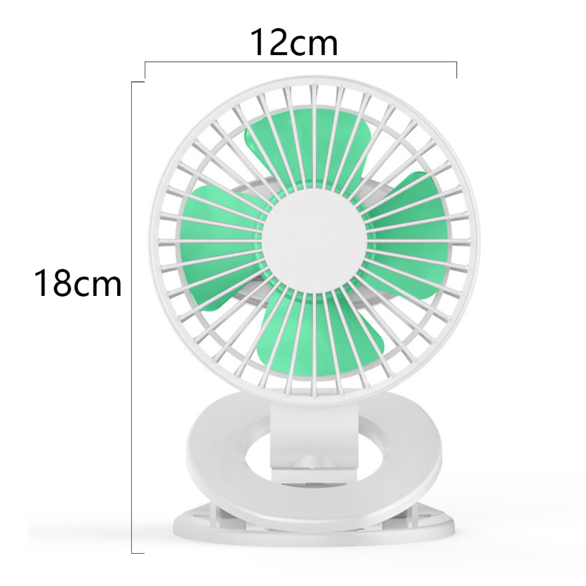 Weiß-grüner Tischventilator. Abmessungen: 18 cm hoch, 12 cm breit.
