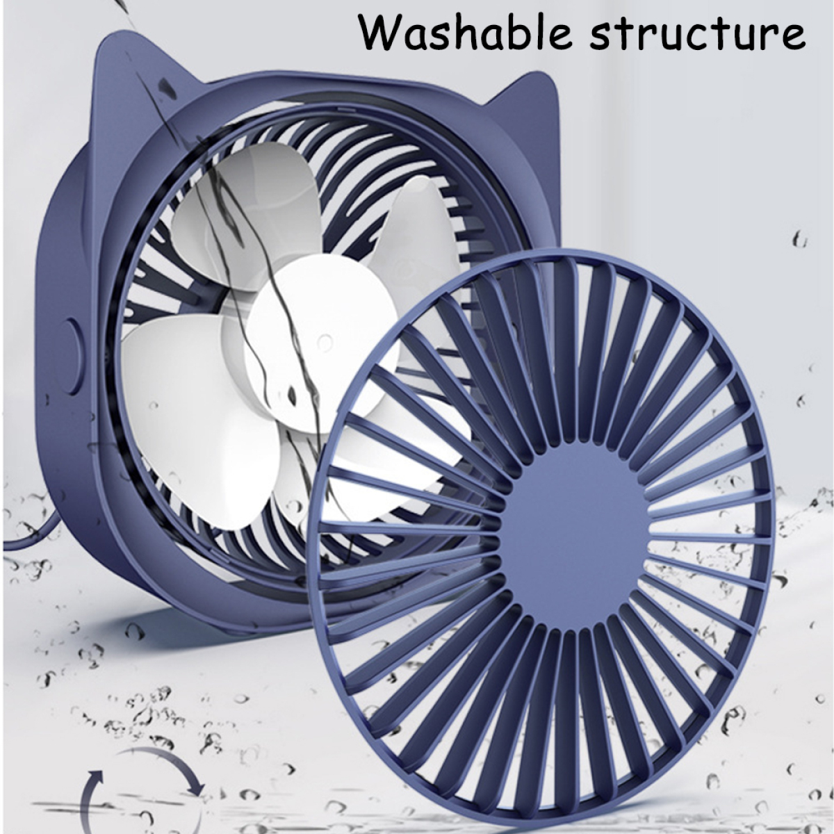 Ein blauer Ventilator mit Katzenohren-Design. Der Ventilator ist zerlegt und zeigt die Innenflügel und das Gehäuse.