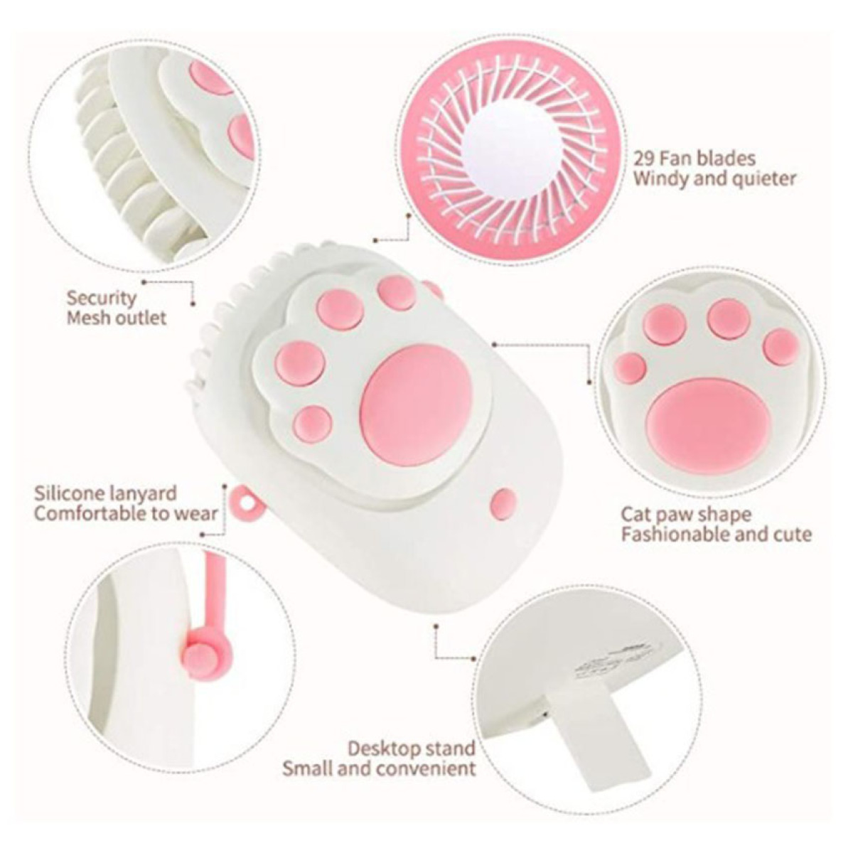 Weißer und rosa pfotenförmiger tragbarer Ventilator mit beschreibenden Etiketten. Er hat einen rosa Riemen und einen Ständer.