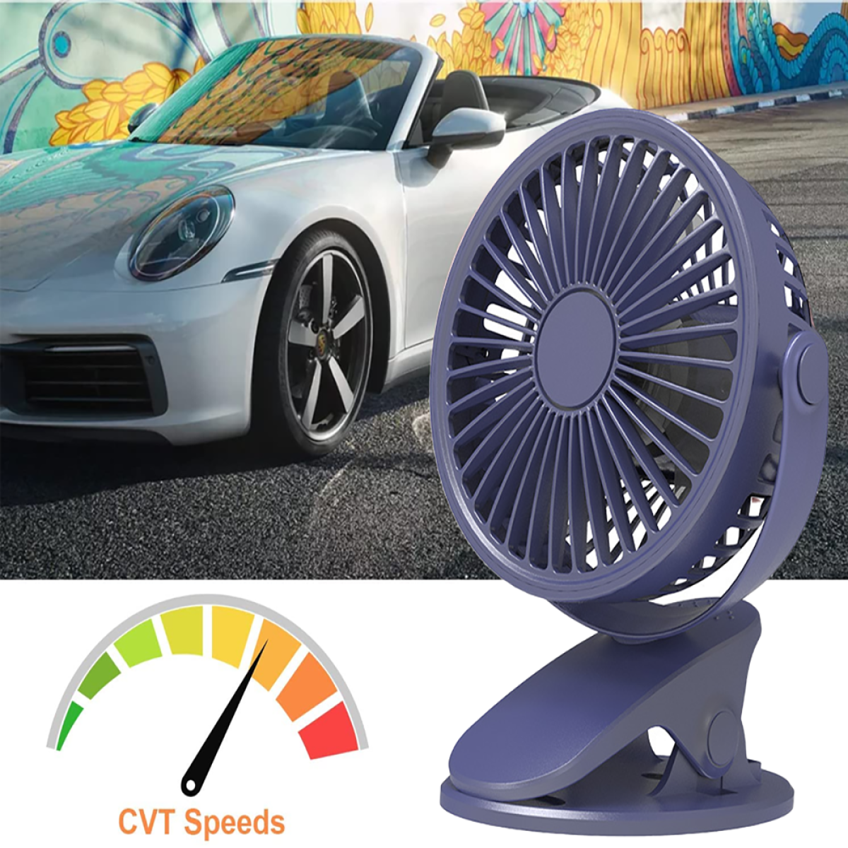 Lila Ventilator an einem Ständer befestigt. Geschwindigkeitsanzeige zeigt verschiedene Stufen.
