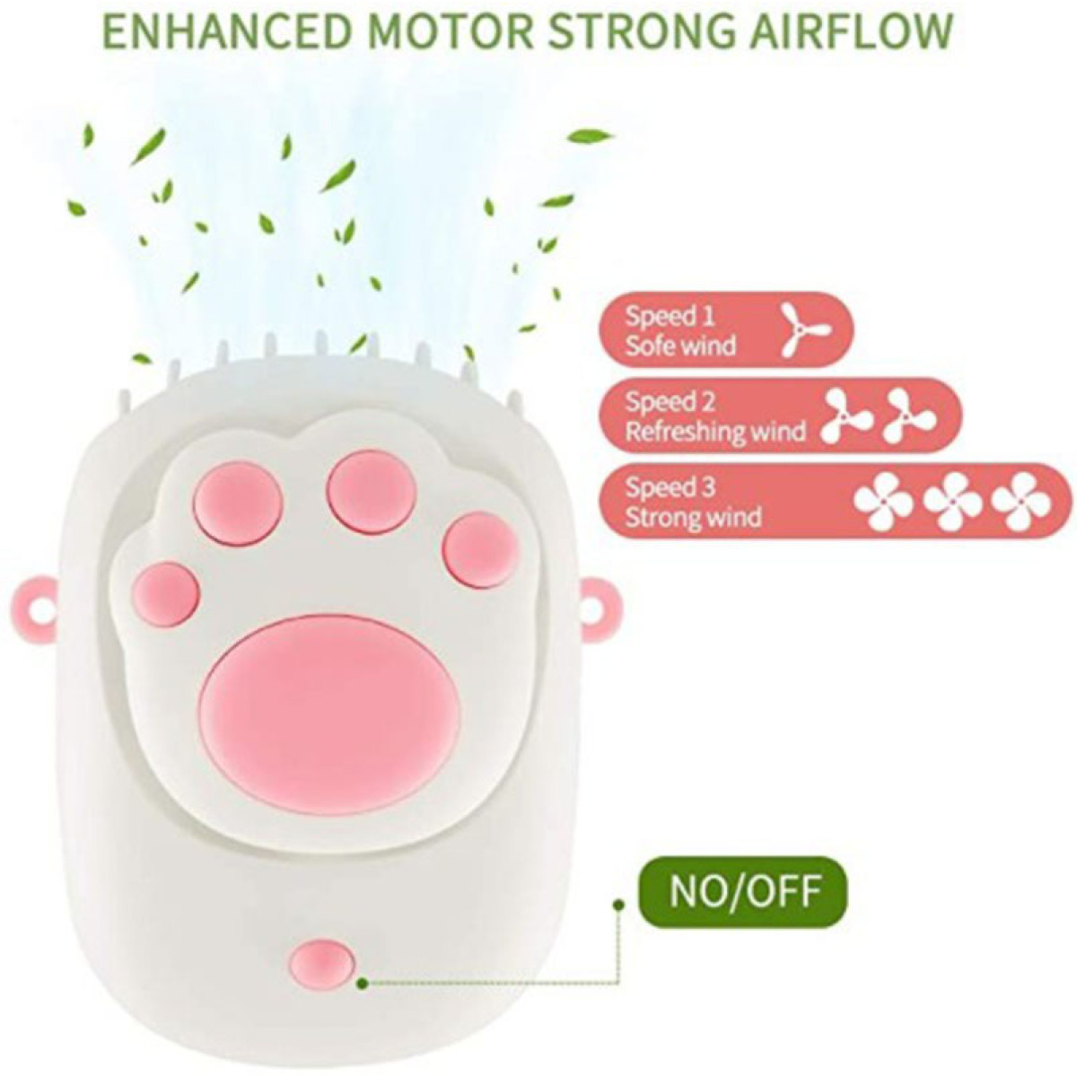 Ein weißer Pfoten-Ventilator mit rosa Akzenten. Er hat drei Geschwindigkeitseinstellungen, angezeigt durch Blüten.