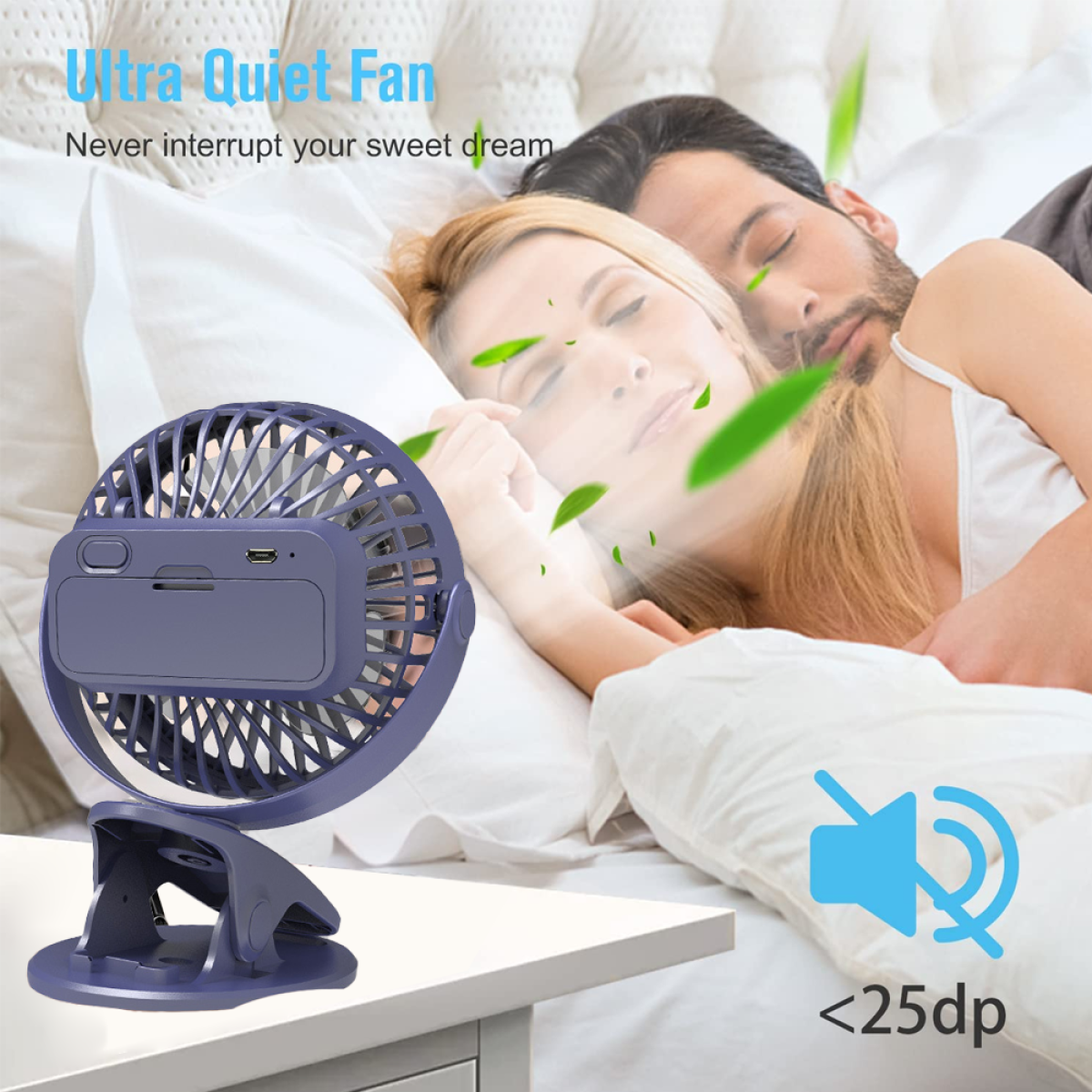 Ventilator auf dem Tisch. Paar schläft im Bett. Text: Ultra Quiet Fan, <lt/>25dp.