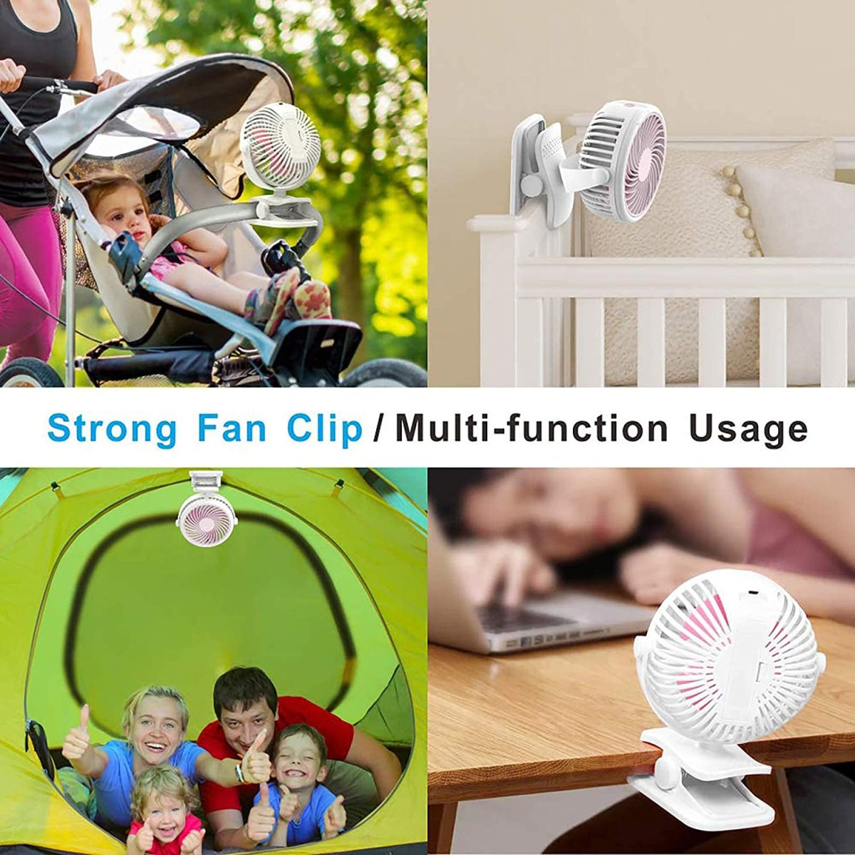 Clip-on-Ventilatoren, die an Kinderwagen, Krippe und Tisch verwendet werden. Verschiedene Einstellungen und Personen gezeigt.