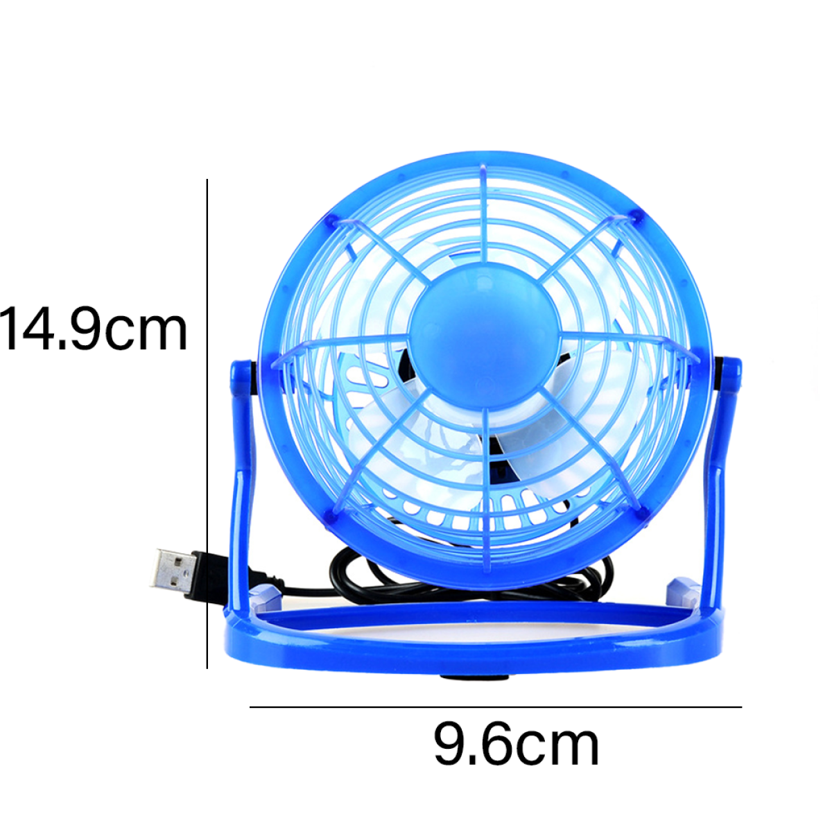 Blau-weißer Ventilator mit den Abmessungen 14,9 cm x 9,6 cm, USB-Kabel, auf weißem Hintergrund.