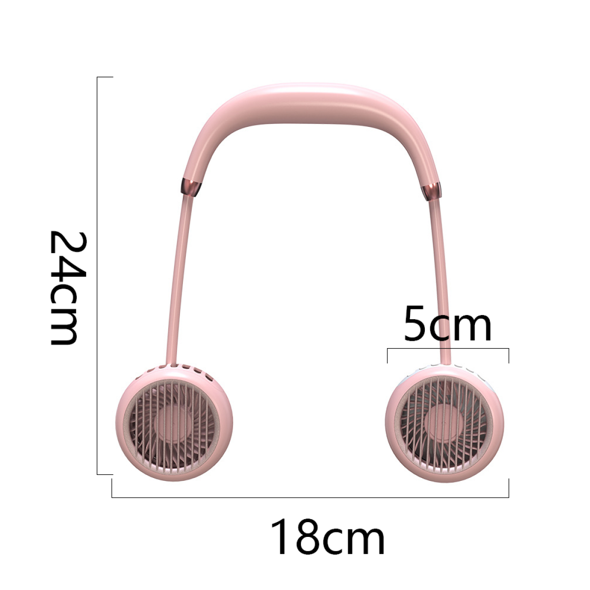 Pinkfarbener Nackenventilator mit zwei kreisförmigen Lüftern, verbunden durch ein gebogenes Nackenband, Maße angegeben. Weißer Hintergrund.