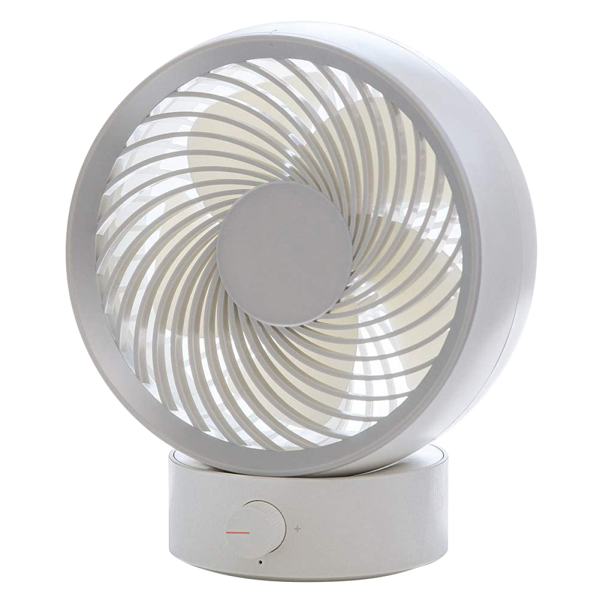 Weißer Schreibtischventilator mit rundem Sockel und einstellbaren Einstellungen. Der Hintergrund ist weiß.