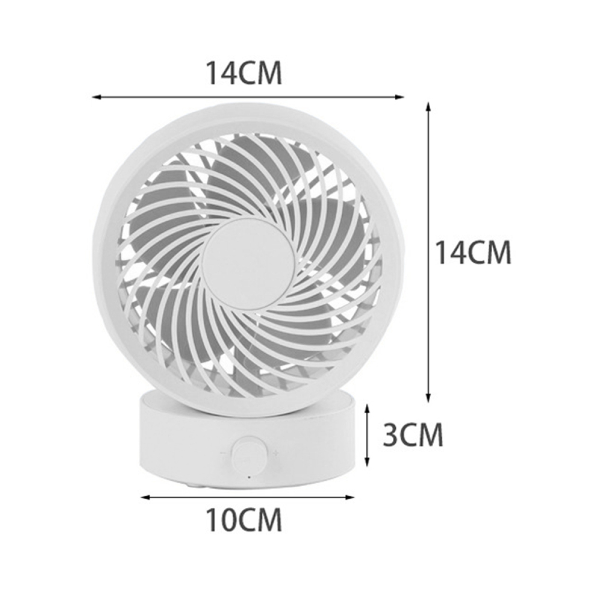 Weißer Schreibtischventilator mit Abmessungen. Der Ventilator ist rund.
