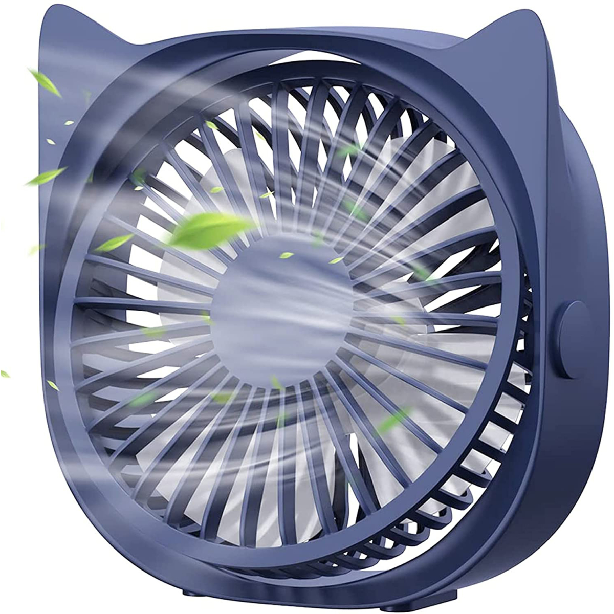 Blauer Ventilator mit Katzenohren-Design, Flügel sichtbar. Grüne Blätter um den Ventilator.