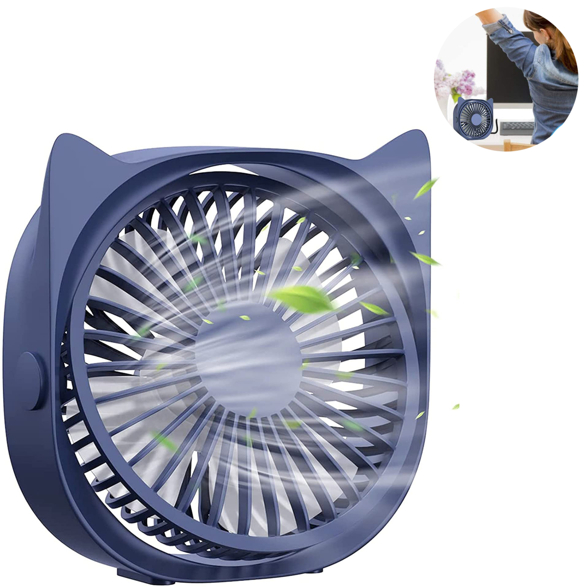 Blauer katzenförmiger Schreibtischventilator mit Flügeln. Es gibt ein Bild einer Person am Computer.