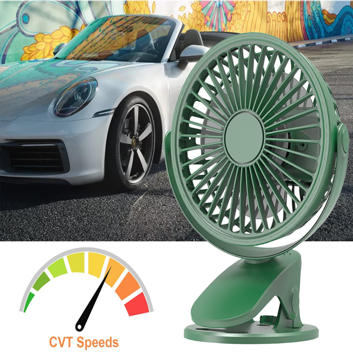 Ein grüner tragbarer Ventilator steht vor einem weißen Auto. CVT-Geschwindigkeitsanzeige unten.