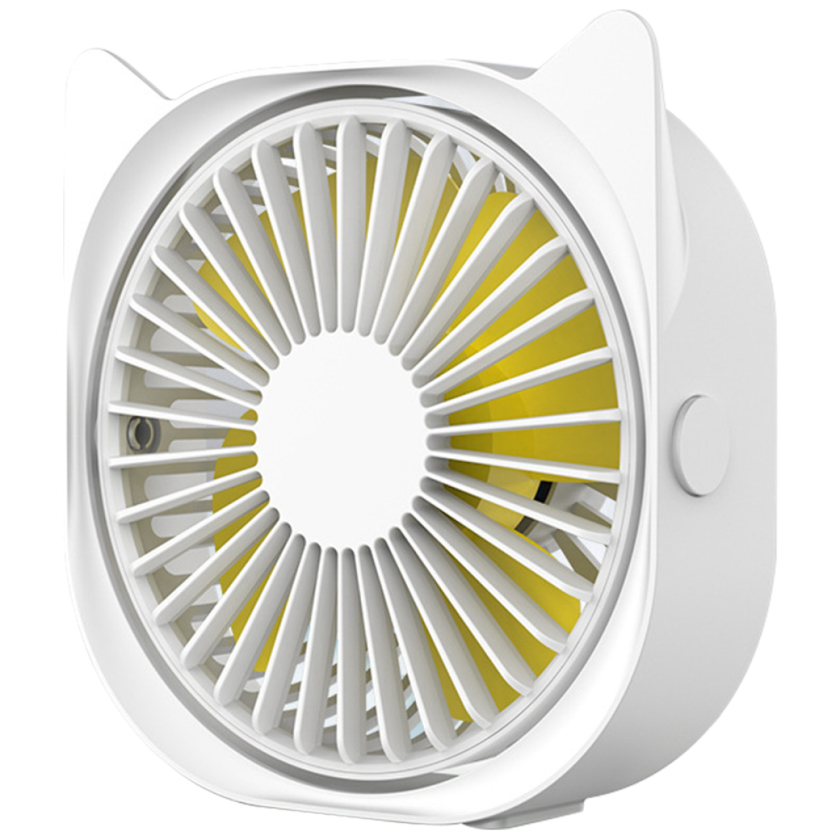 Weißer Ventilator mit gelbem Zentrum. Es hat ein Katzenohrendesign oben.