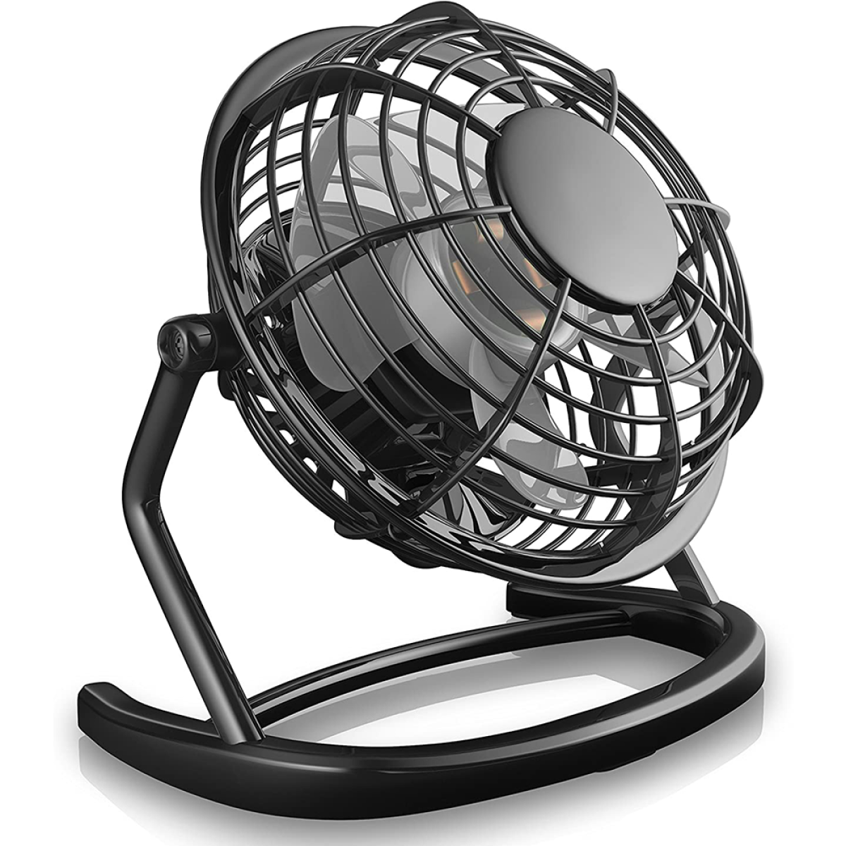 Schwarzer Tischventilator mit schwarzem Fuß und Metallkäfig. Der Ventilator ist nach oben geneigt.