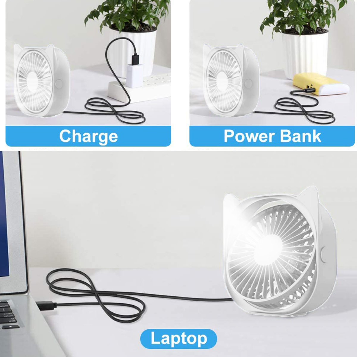 Bilder von weißen Ventilatoren. Einer lädt, ein anderer mit einer Powerbank, und der dritte mit einem Laptop.