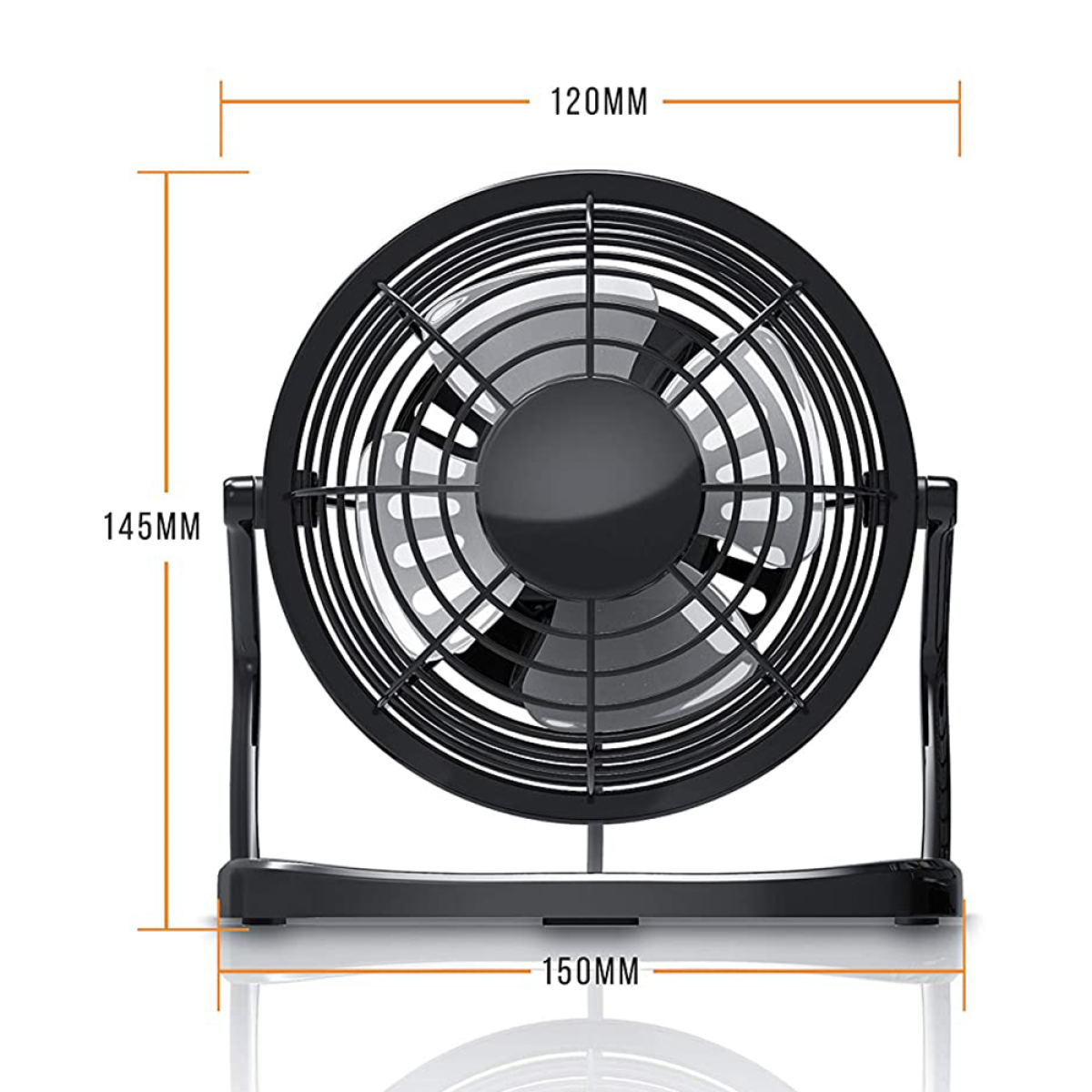 Ein schwarzer Ventilator mit weißen Flügeln wird gezeigt. Abmessungen von 120mm, 145mm und 150mm sind sichtbar.
