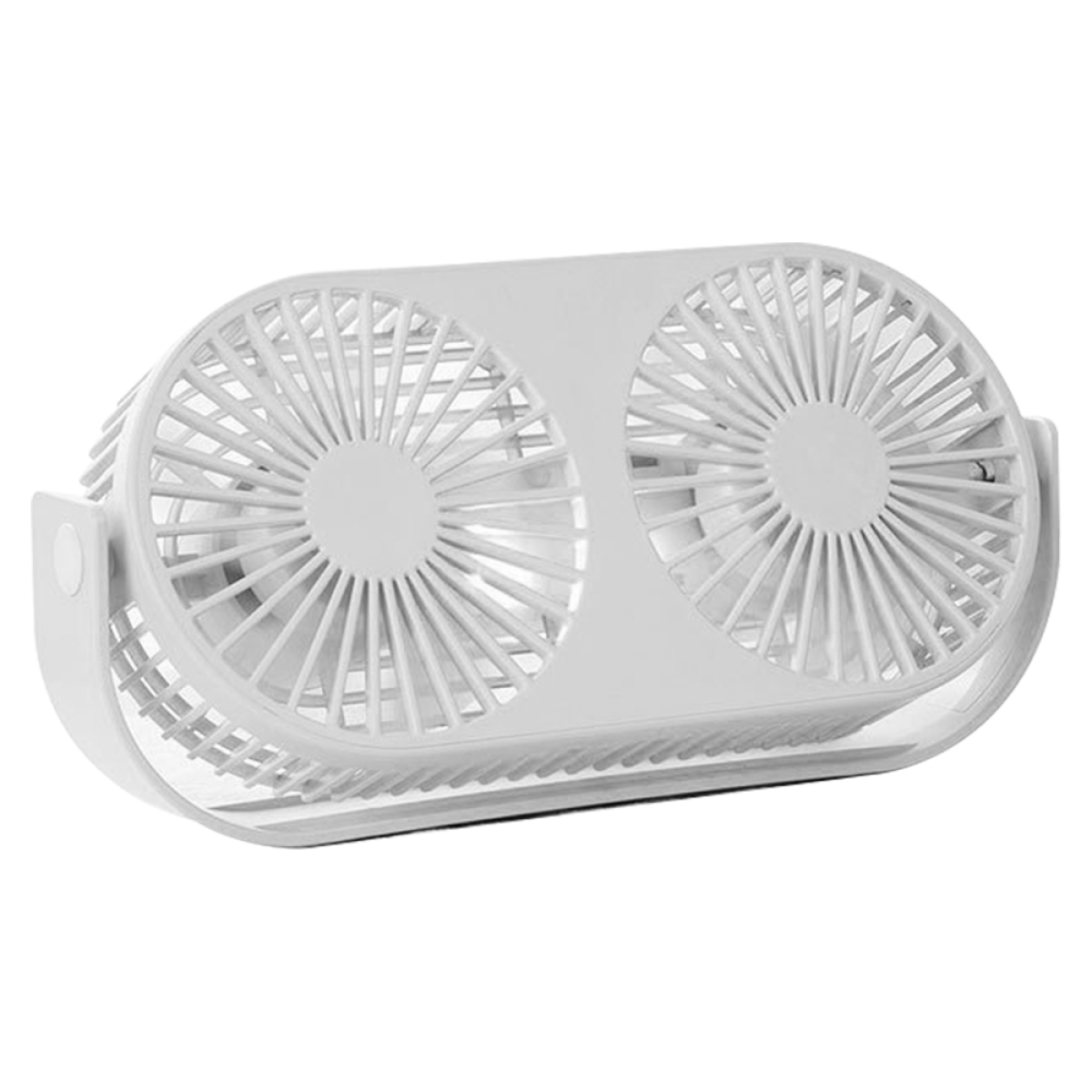 Weißes Doppel-Ventilator-Gerät. Es hat zwei Lüfterblätter im Inneren. Das Gerät ist weiß.