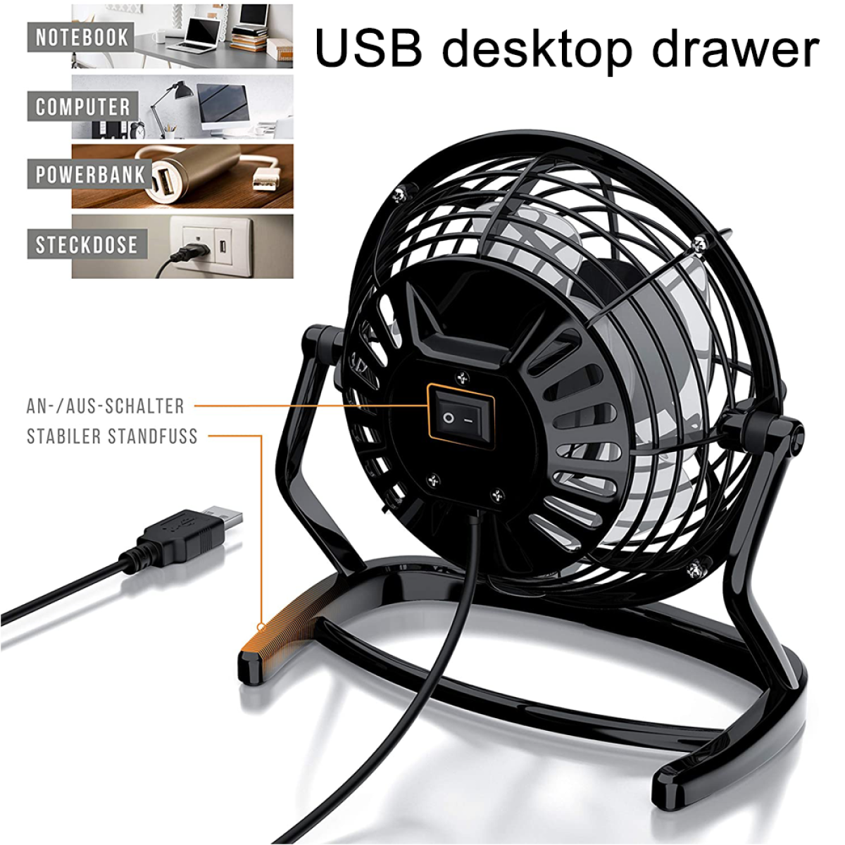 Schwarzer USB-Schreibtischventilator mit schwarzem Ständer und Netzschalter.