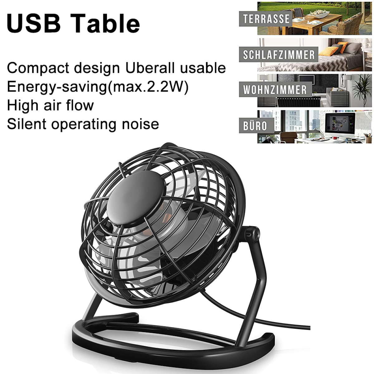 Schwarzer USB-Tischventilator mit Schutzgitter. Text links und Bilder von Räumen rechts.